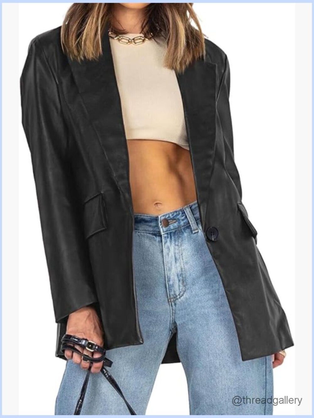 Oversized Faux Leather Blazer Jacket with Pockets